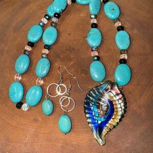 Genuine turquoise and sea glass necklace amd earrings